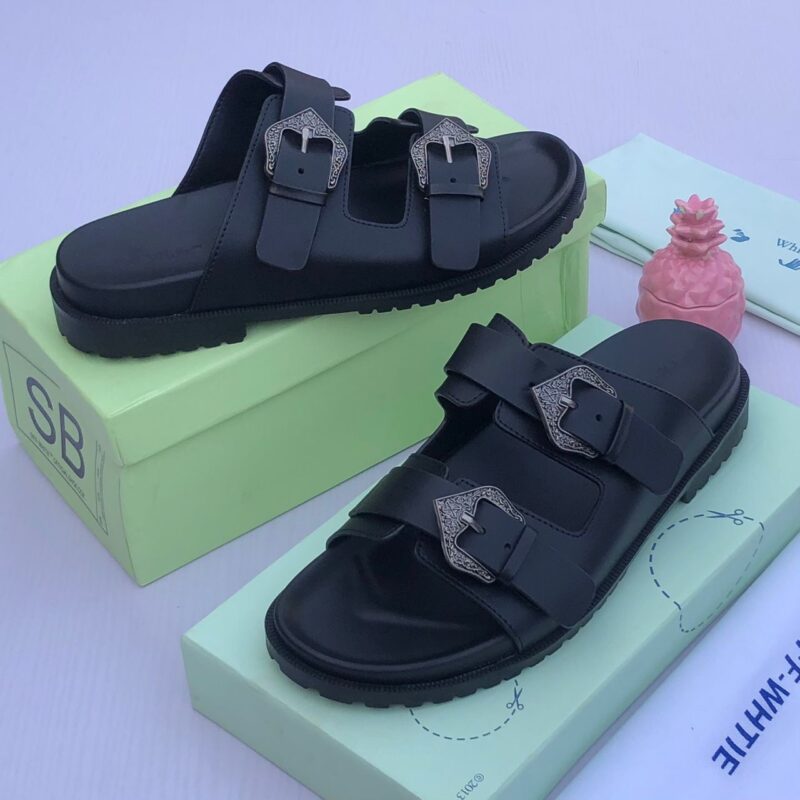 Off White Designer Leather Slippers - Image 2