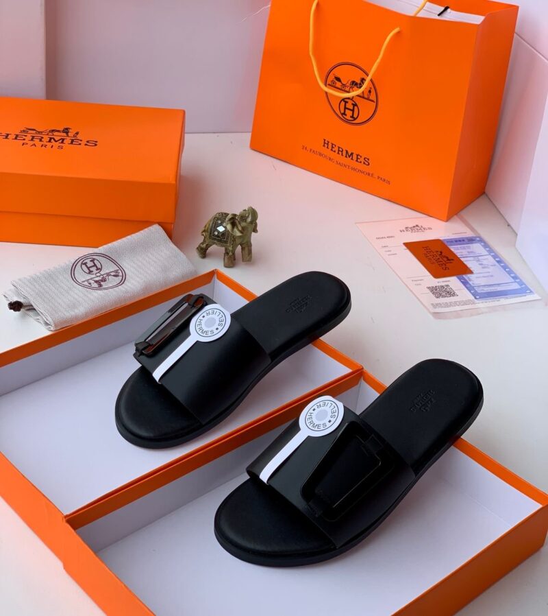 Hermes-Black Leather Slippers - Image 2