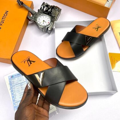 Lv-Men's Leather Cross Slippers